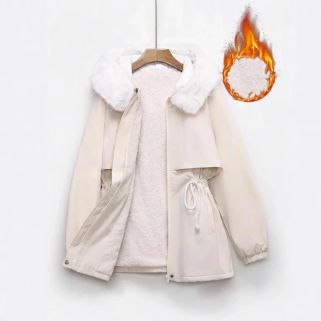European and American cross-border women's autumn and winter parka, long-sleeved solid color fleece hooded jacket, zipper pocket European and American cross-border women's autumn and winter parka, long-sleeved solid color fleece hooded jacket, zipper pocket